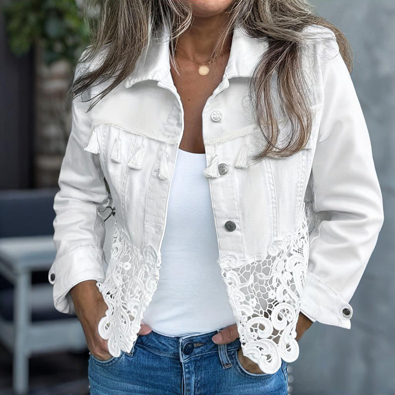 Women's White Lace Hollow Out Jacket with Fringe Detail