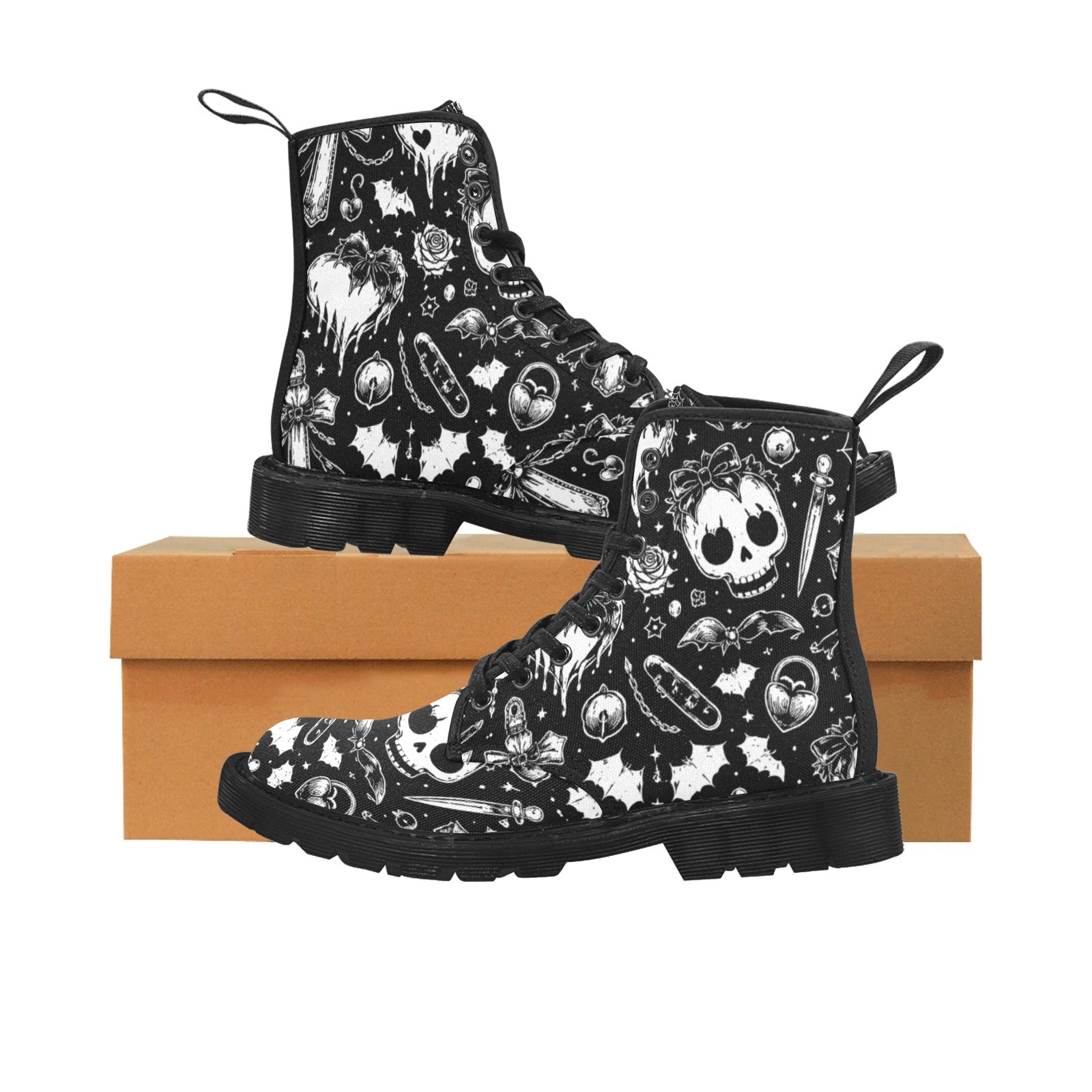 Gothic Harajuku Black & White Canvas Lace-Up Combat Boots - Image 4