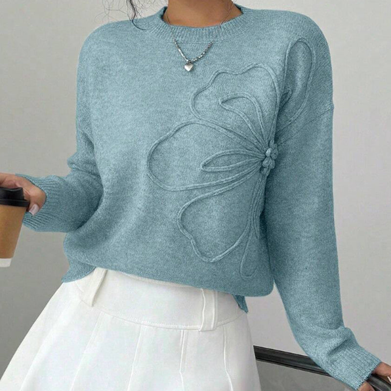 Women's Elegant Floral Applique Crew Neck Sweater Pullover - Image 5