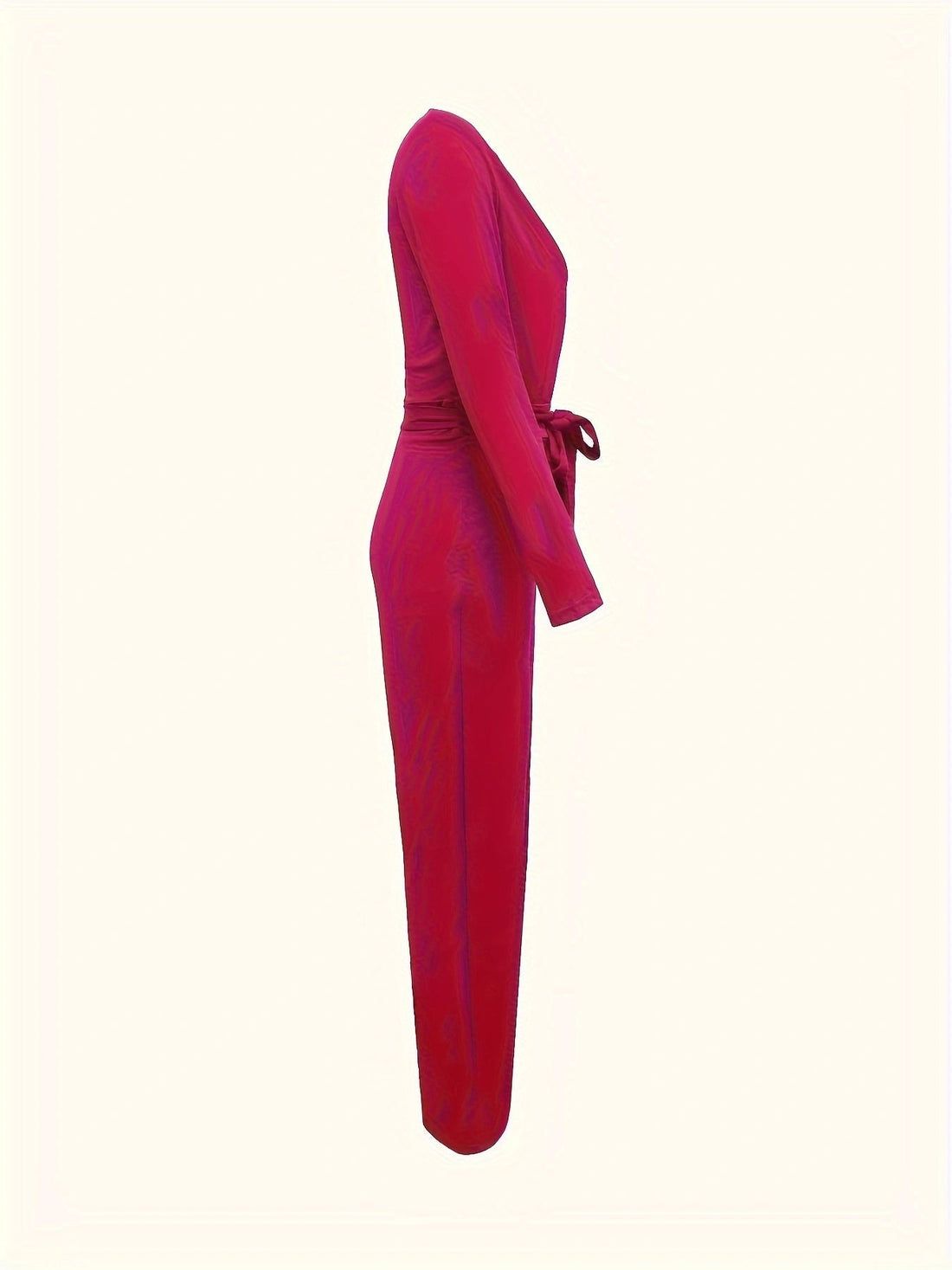 Solid V-Neck Bow Tie Waist Slimming Long Sleeve Jumpsuit - Image 3