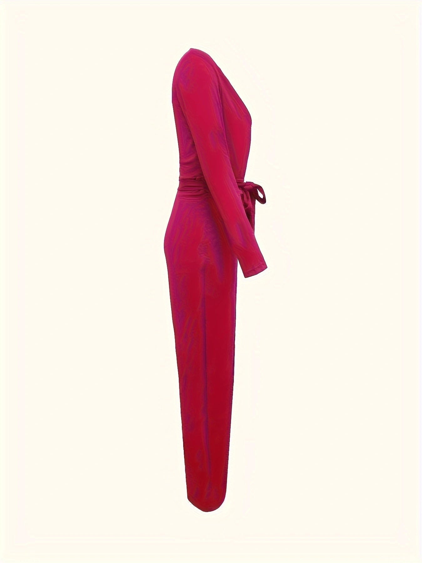 Solid V-Neck Bow Tie Waist Slimming Long Sleeve Jumpsuit - Image 3
