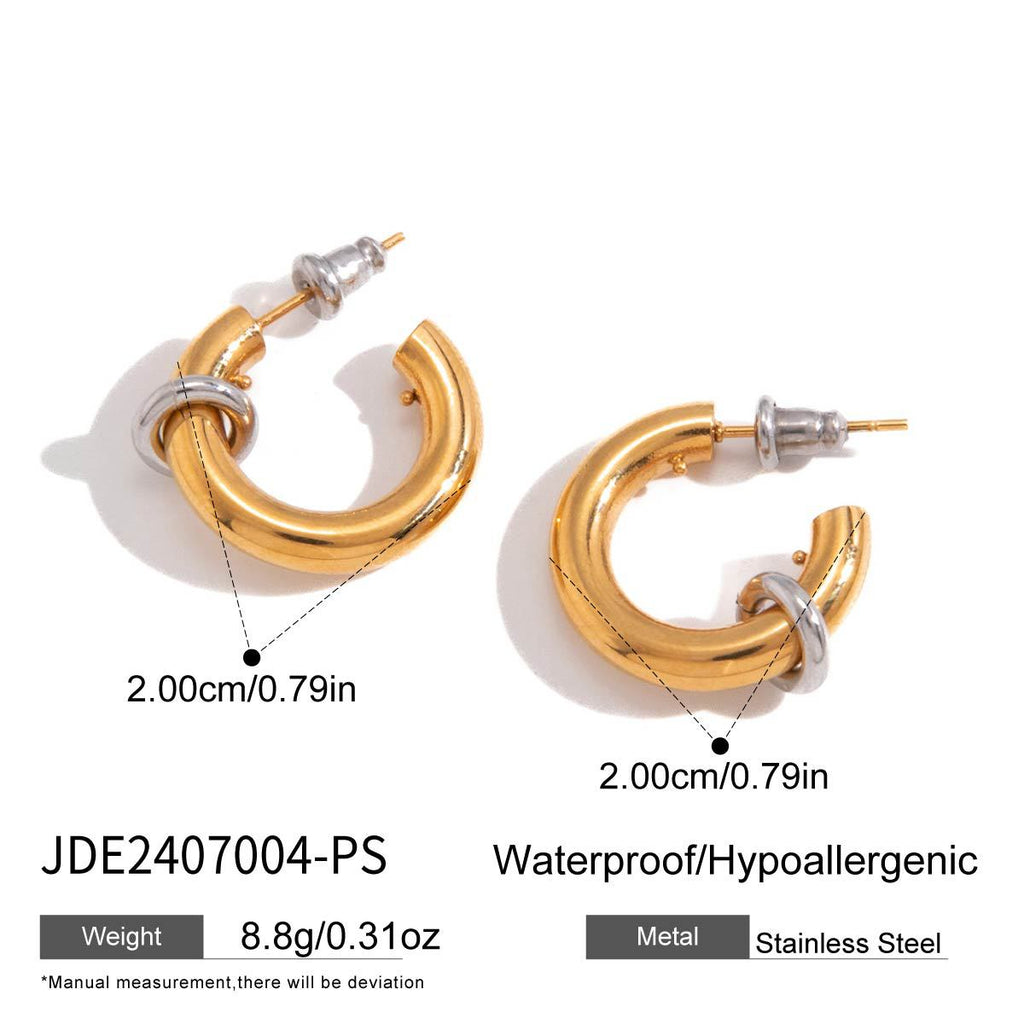 Two-Tone Stainless Steel C-Hoop Earrings with Ring Accent