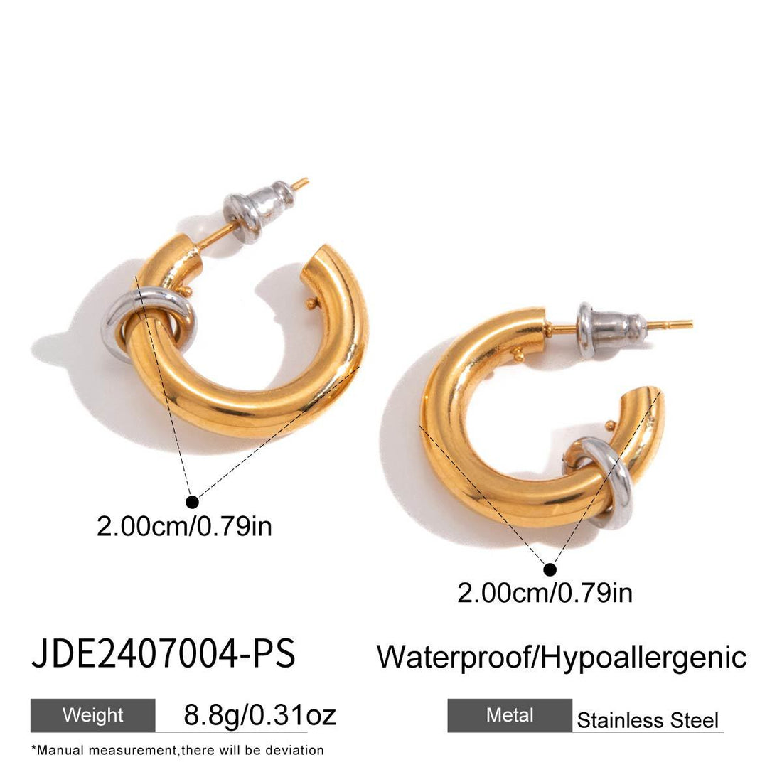 Two-Tone Stainless Steel C-Hoop Earrings with Ring Accent