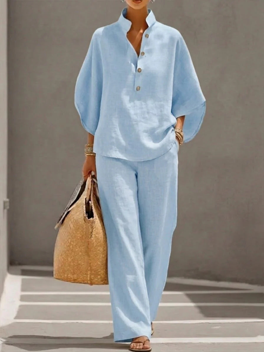 Women's Casual Linen-Look Shirt and Full-Length Pants Set - Image 9