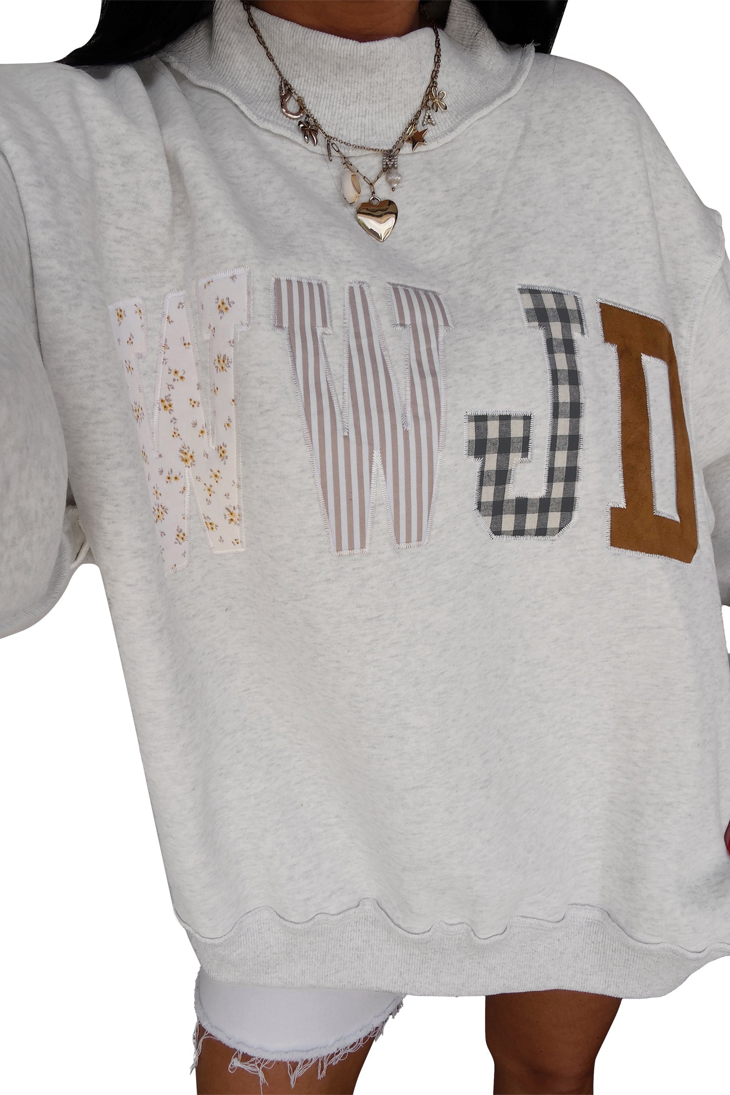 Gray WWJD Mixed Pattern Embroidered Patch Graphic Mock Neck Sweatshirt