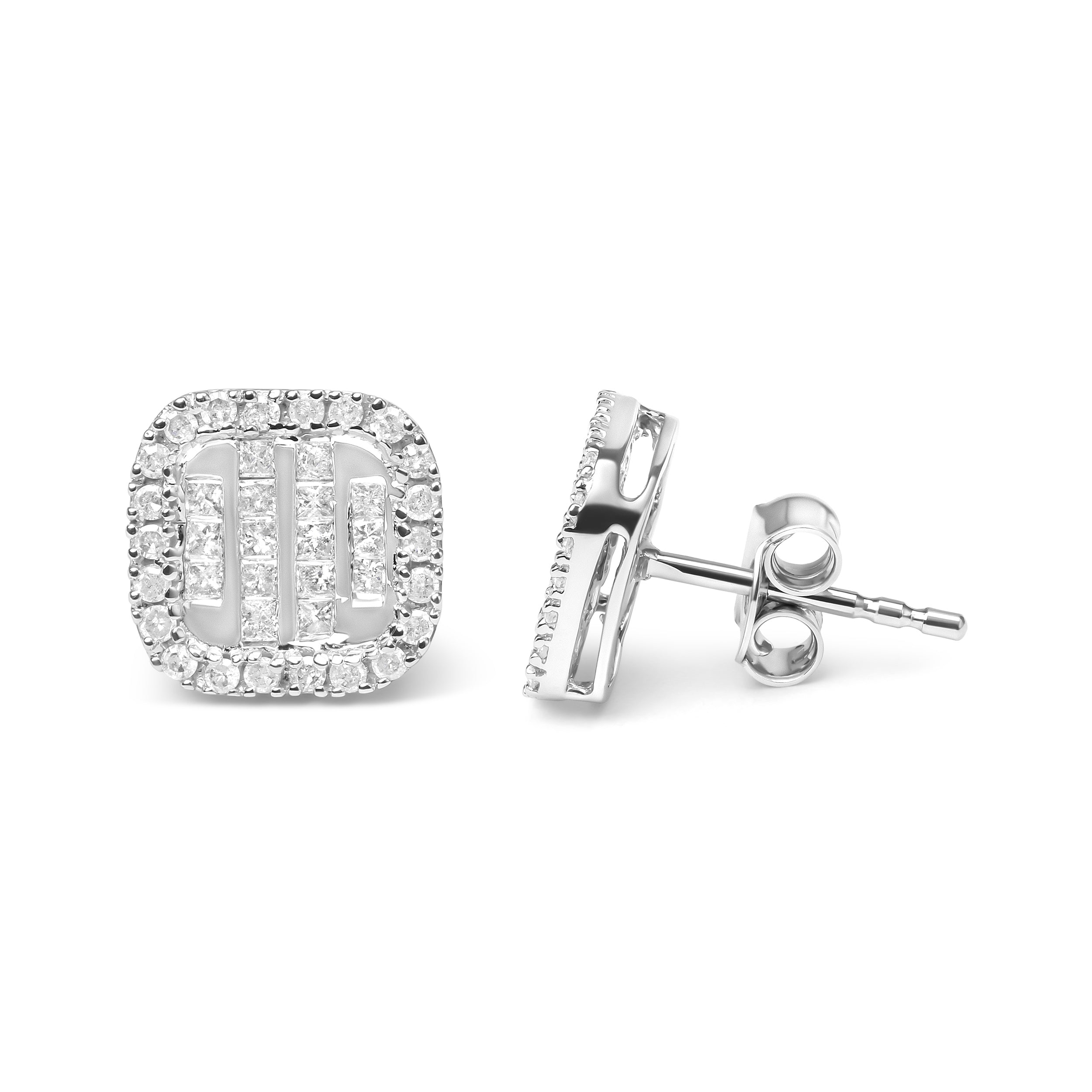 10K White Gold Invisible Set 1/2 Cttw Diamond Composite and Halo Stud Earrings (H-I Color, I1-I2 Clarity)