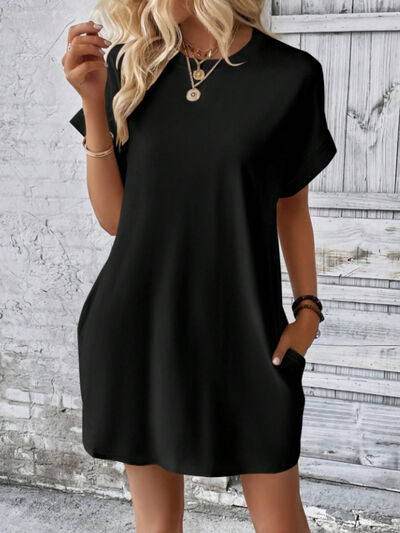 Casual Round Neck Short Sleeve Mini T-Shirt Dress with Pockets - Image 15
