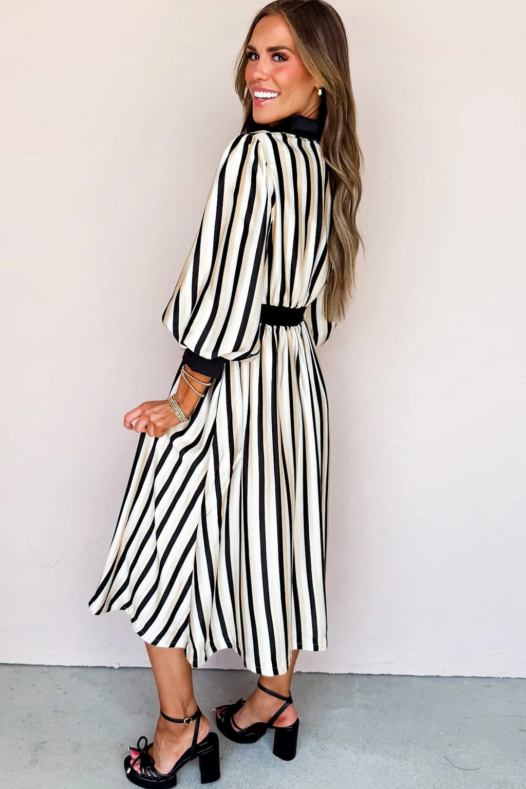 Black Stripe 3/4 Puff Sleeve Button Down Midi Dress