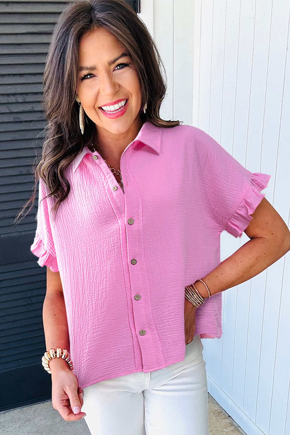 Bonbon Mineral Wash Textured Ruffle Trim Short Sleeve Shirt