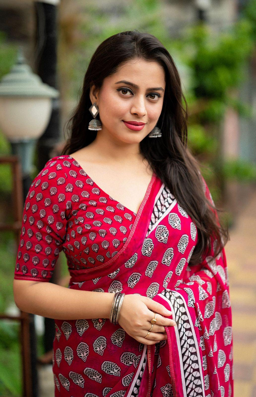 Rani Poly Georgette Ajrak Saree with Unstitched Blouse Piece