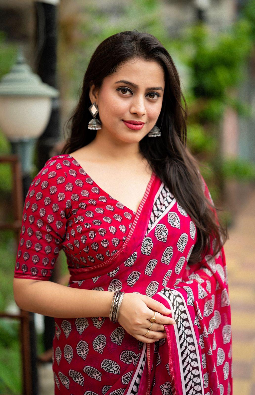 Rani Poly Georgette Ajrak Saree with Unstitched Blouse Piece