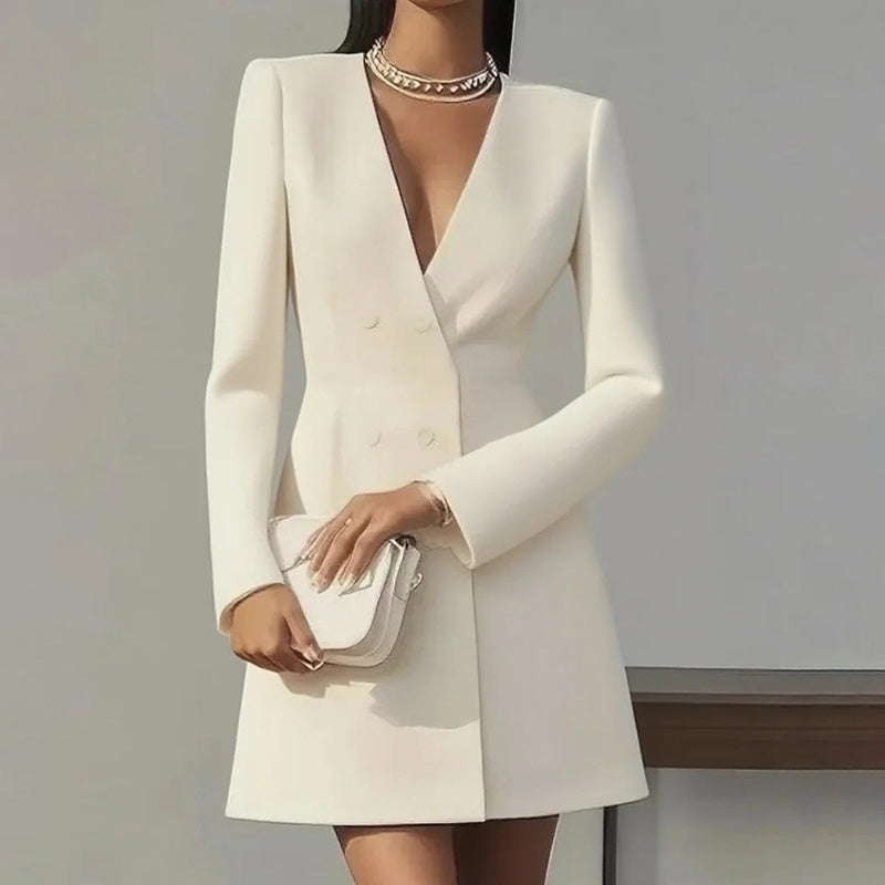 Deep V-Neck Double-Breasted Blazer Dress A-Line Mini - Image 7