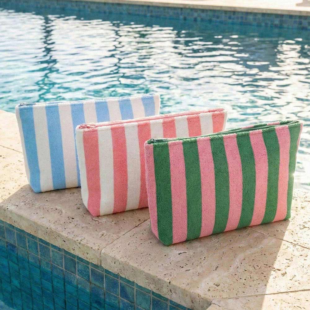 Large Pink Striped Terry Cloth Cosmetic Pouch