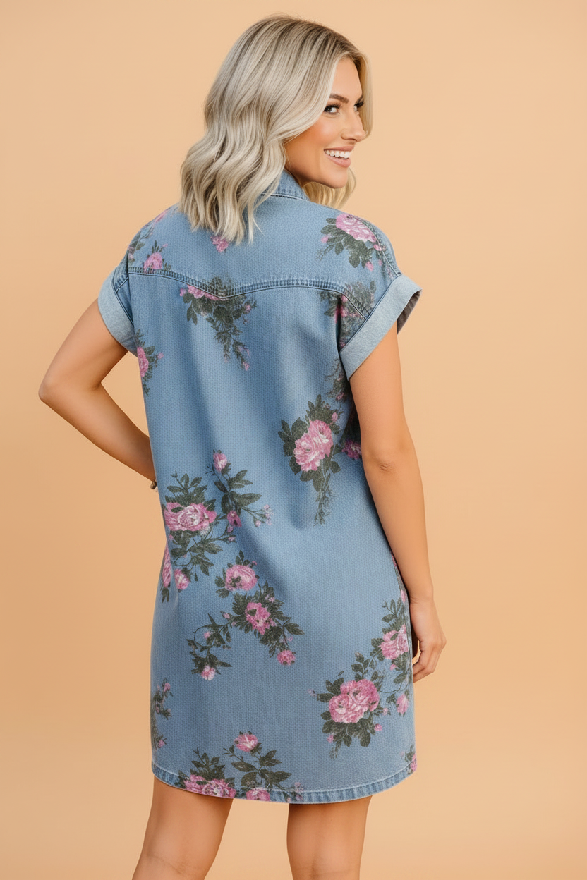 Floral Denim Cuffed Short Sleeve Buttoned Shift Dress