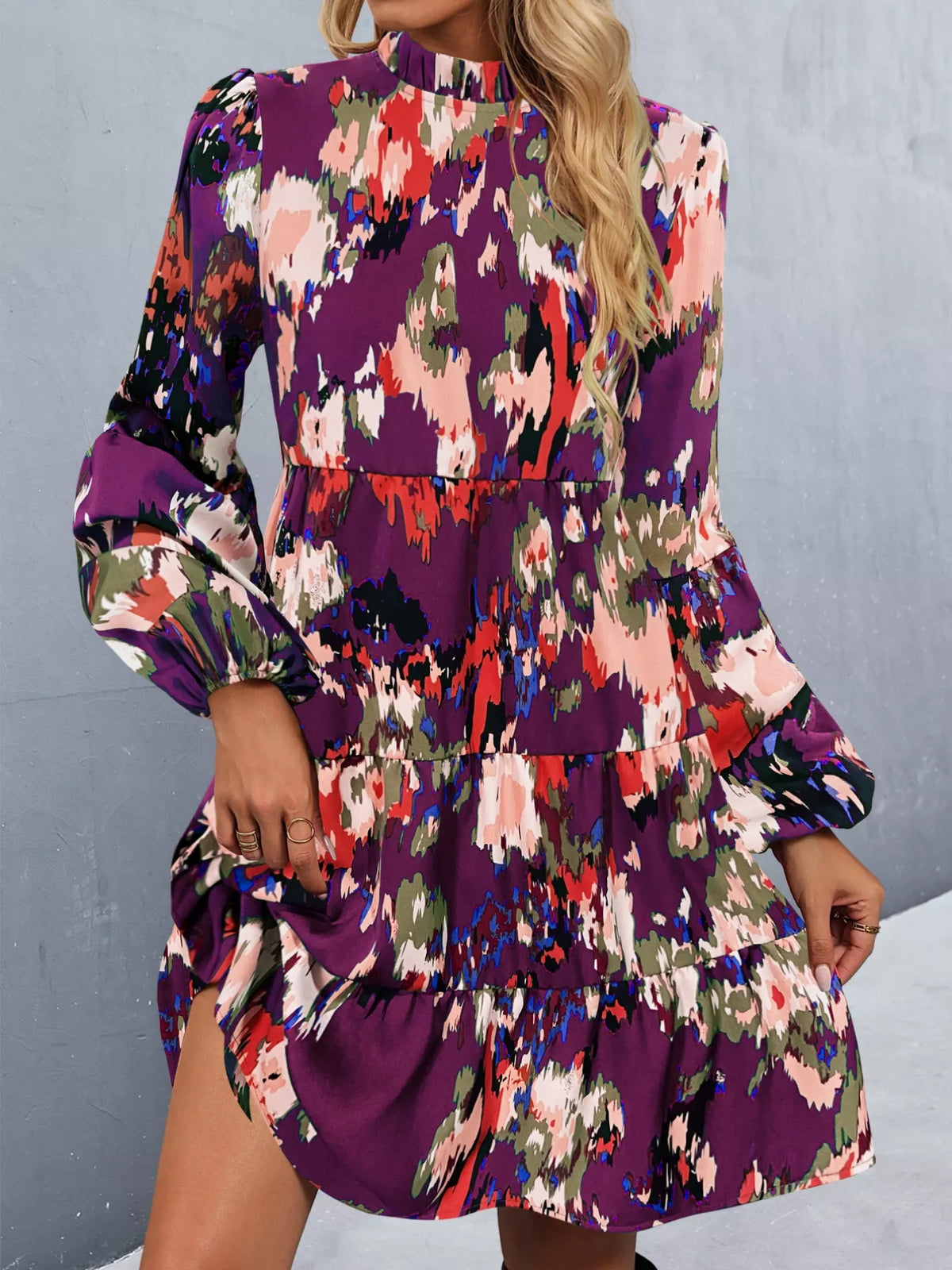 Printed Balloon Sleeve Mini Dress