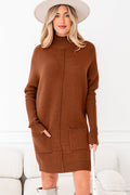 Woman wearing a knee-length brown ribbed mock neck sweater dress with a relaxed fit.