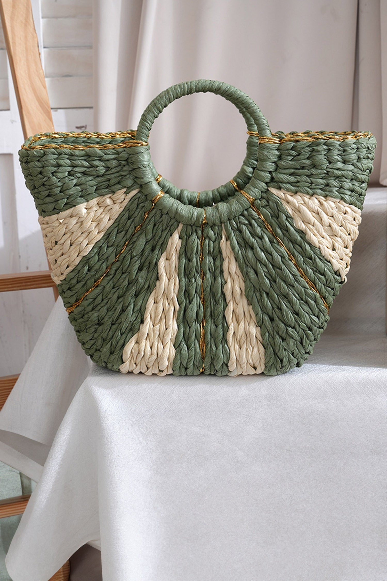 Rachel Handwoven Straw Tote Bag in Sage Green and Cream Stripe