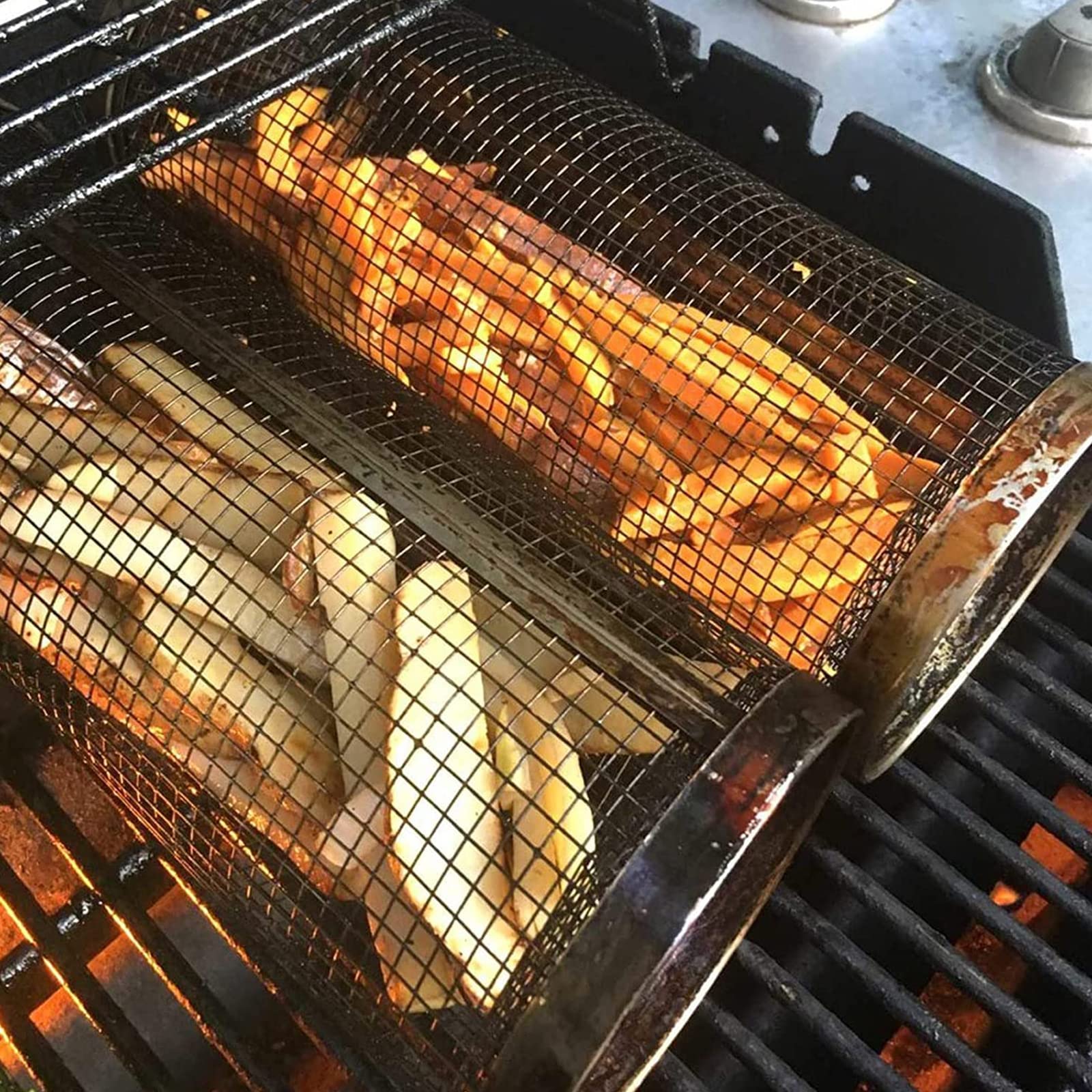 Rolling Grilling Basket Stainless Steel BBQ Cylinder for Veggies