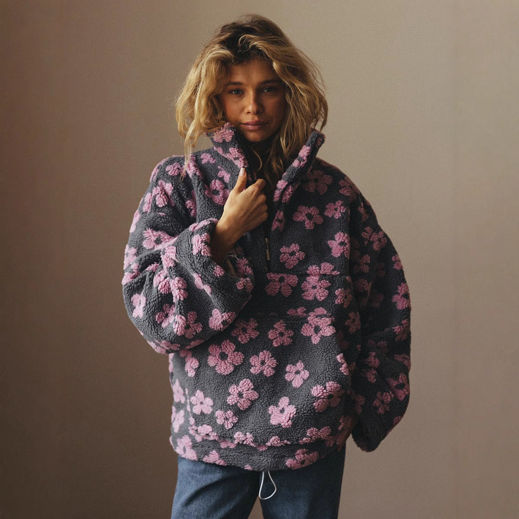 Winter Flowers Fleece Pullover Womens Cozy Zip Up Floral Sweatshirt - Image 2
