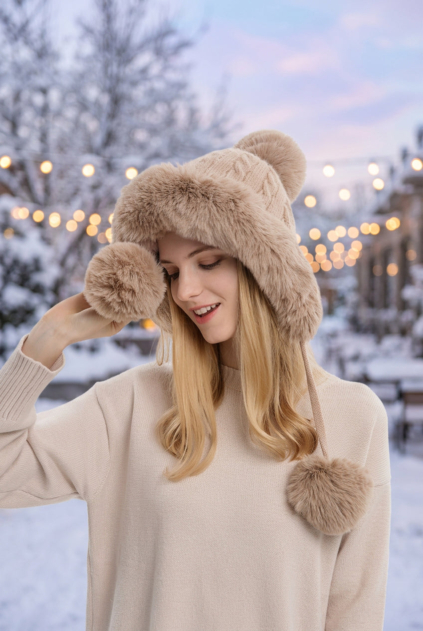 Triple Pom-Pom Fleece Knit Hat with Ear Straps