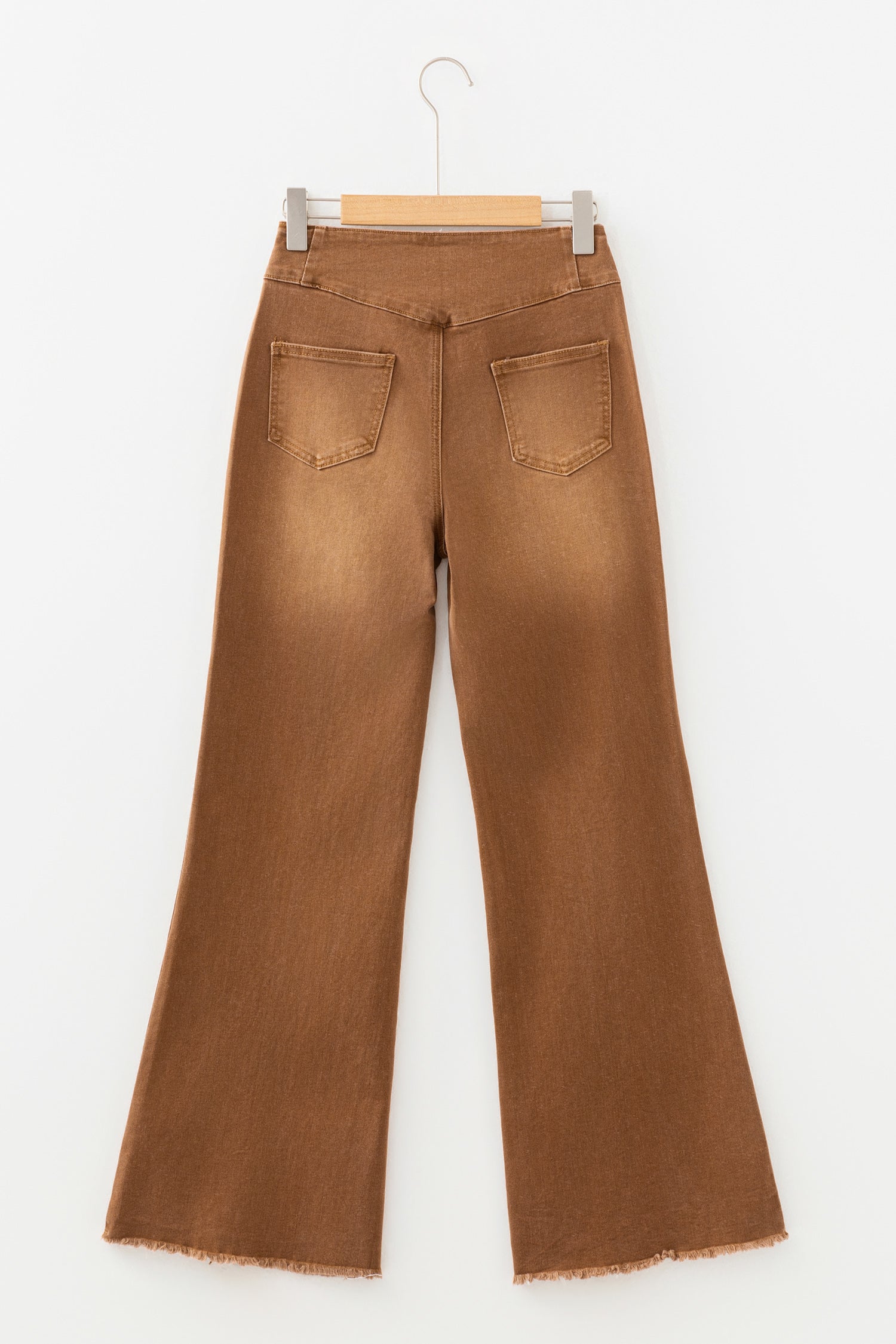 Coffee High Waist Flare Jeans | Button Fly Raw Hem Denim