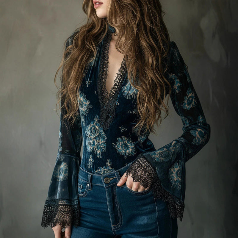 Women's Retro Floral Velvet V-Neck Blouse with Lace Bell Sleeves - Image 2