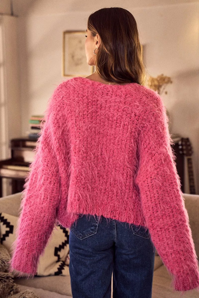 Soft Touch Hairy Loose Fit Cozy Sweater Cardigan in Pink