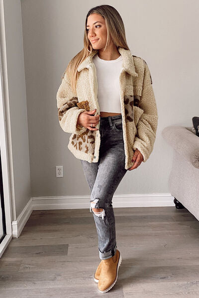Women’s Leopard Print Sherpa Jacket with Pockets, Casual Cozy Coat