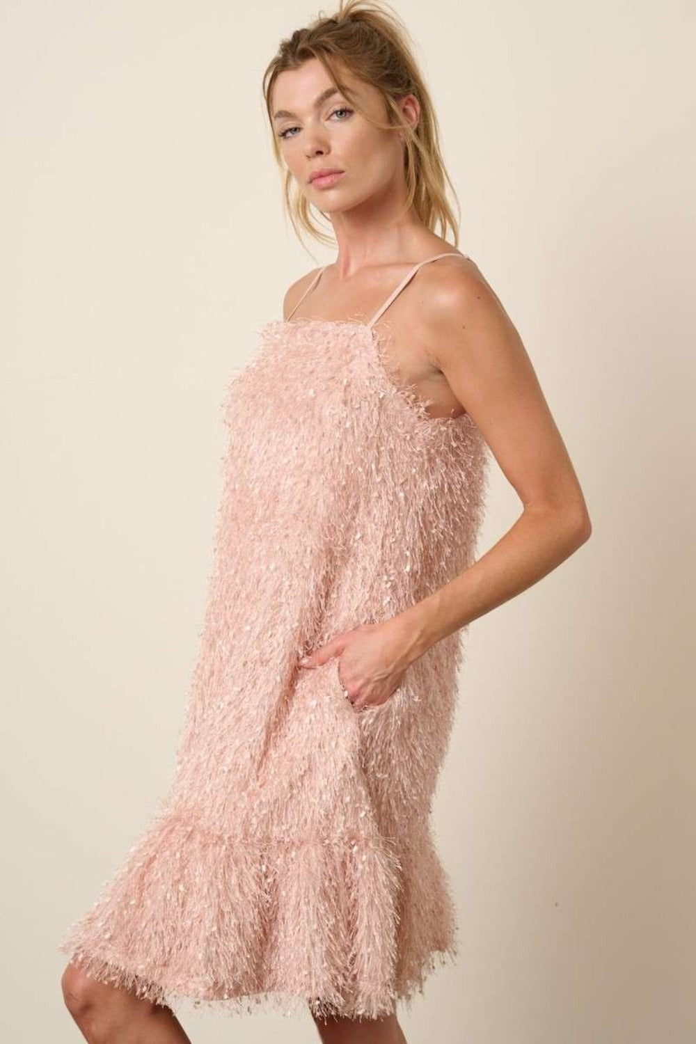 Feather Ruffle Hem Mini Cami Dress in Blush Pink