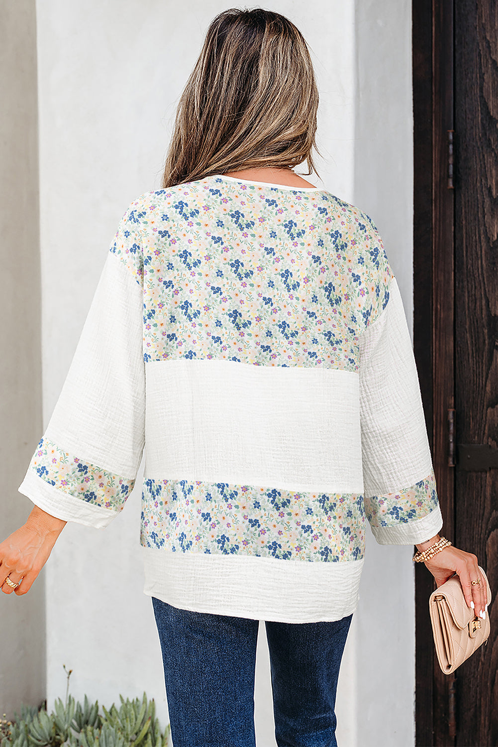 Floral Gauze Patchwork 3/4 Sleeve Blouse
