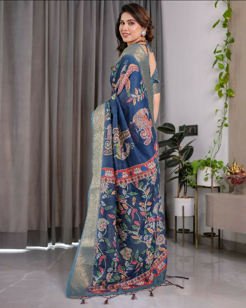 Blue Pure Handloom Linen Saree for Elegant Daily Wear