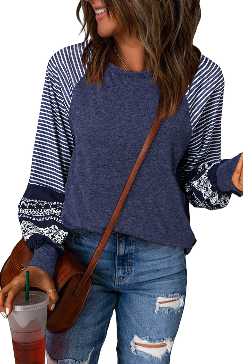 Tillandsia Purple Contrast Print Striped Raglan Long Sleeve Loose Top
