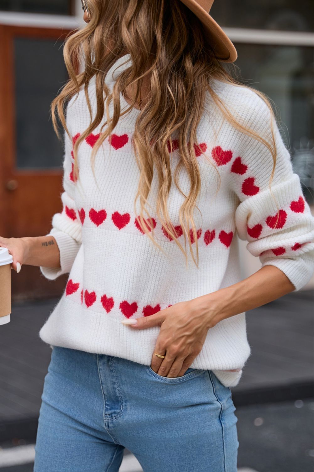 White Red Heart Print Long Sleeve Crew Neck Sweater - Image 3