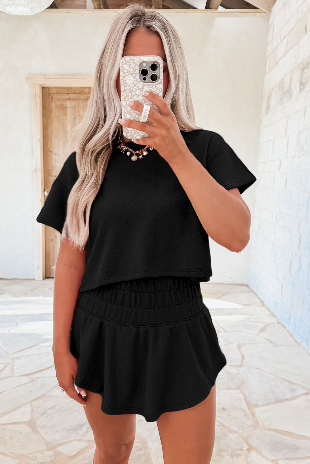 Black Cropped Tee & Ruffle High Waist Skort Set