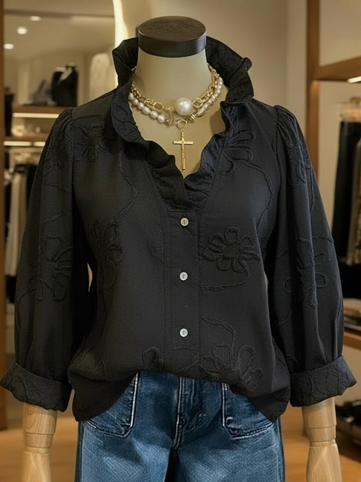 Women's Lace Embroidered Cotton Linen Blouse with Ruffled Neck - Image 6