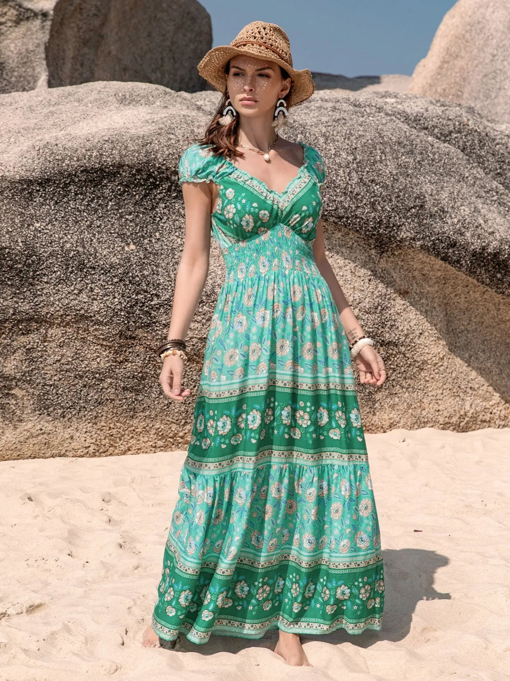 Smocked Printed V-Neck Dress