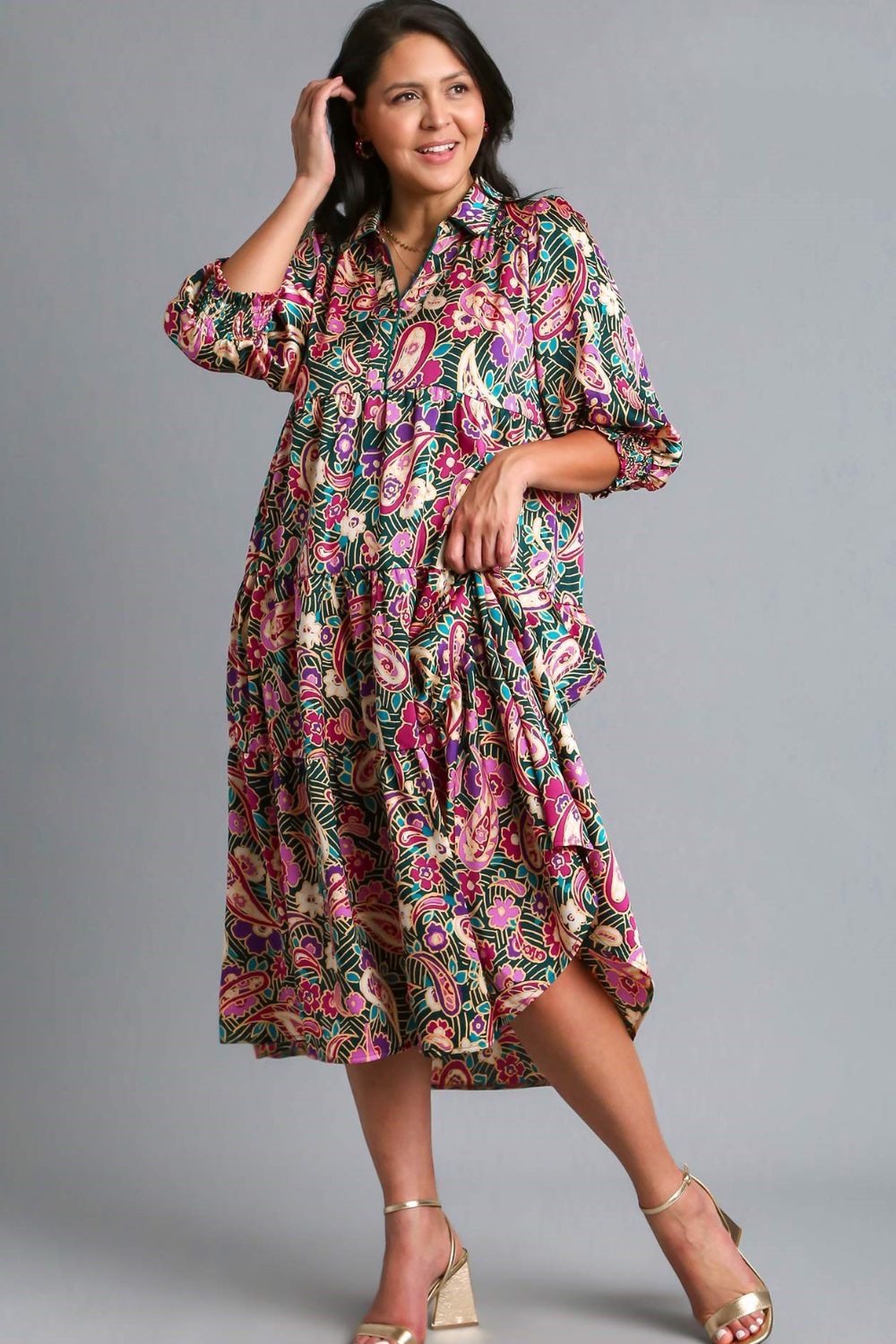 Printed Satin Midi Dress with Tiered Design