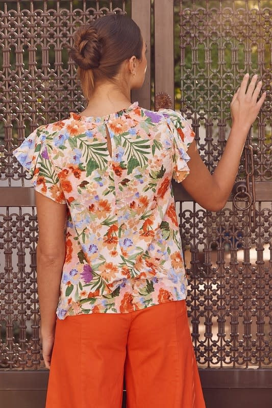 Flutter Sleeve Floral Print Blouse in Red with Ruffled Detailing