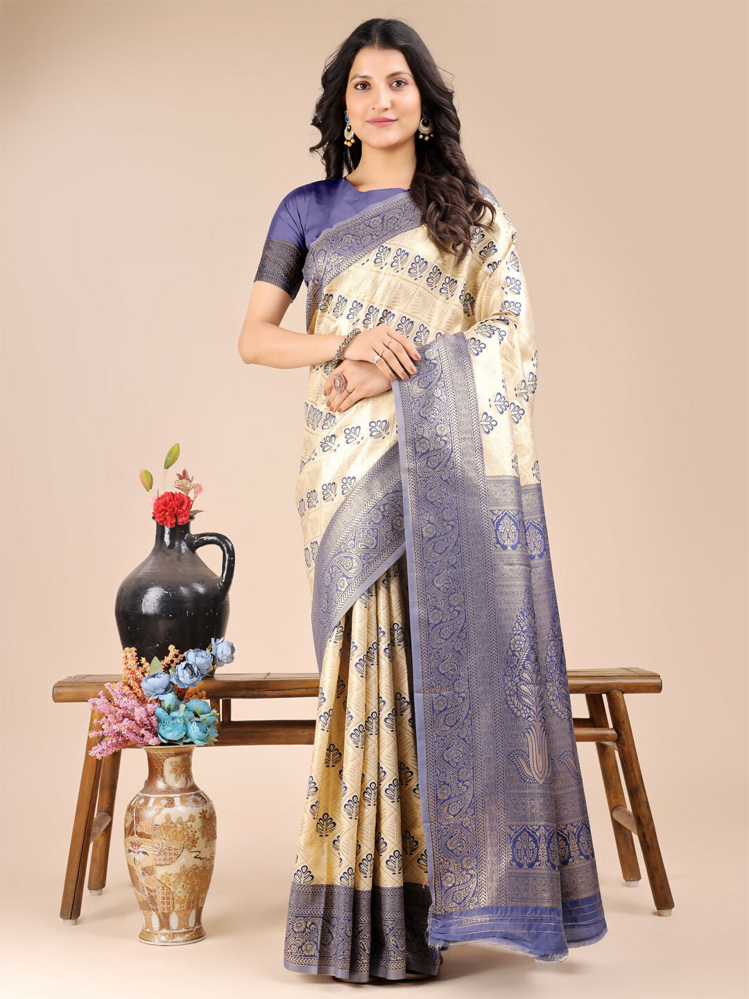 Cream and navy blue Banarasi silk saree with matching blouse