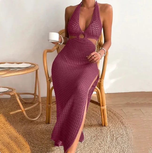 Women's Crochet Halter Maxi Beach Cover Up Dress with Side Slit - Image 12