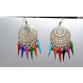 Silver oxidized statement earrings with long multicolor hanging beads