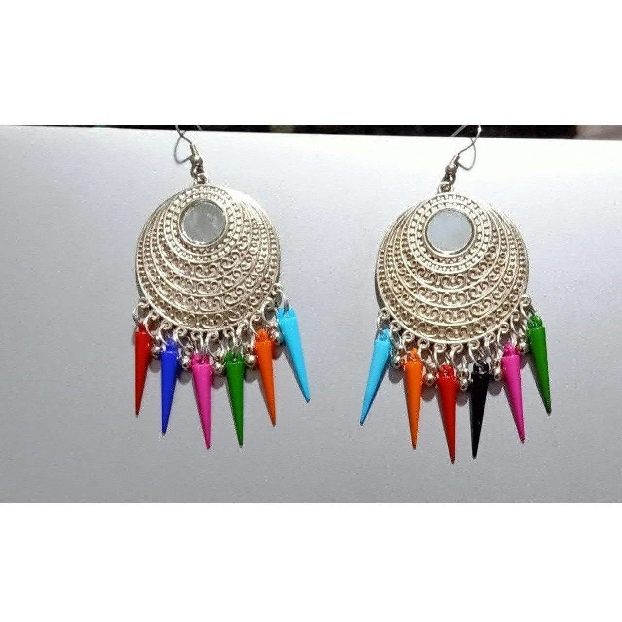 Silver oxidized statement earrings with long multicolor hanging beads