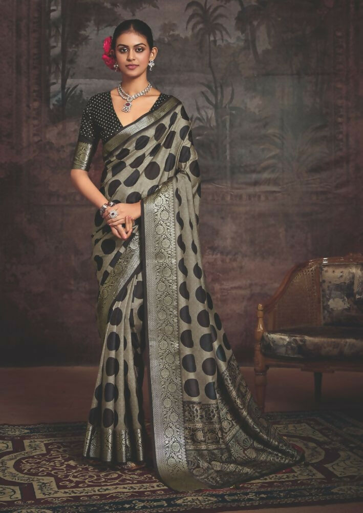 Dark Grey Dola Tussar Silk Saree with Self Jacquard Border