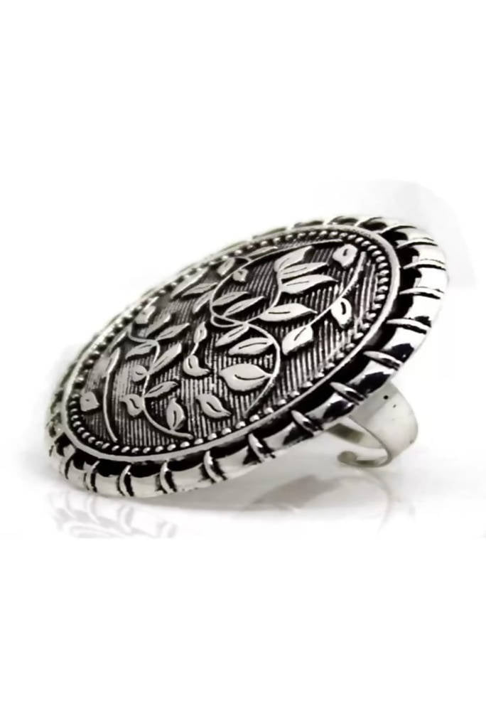 Elegant oxidised silver statement ring with vintage bohemian design
