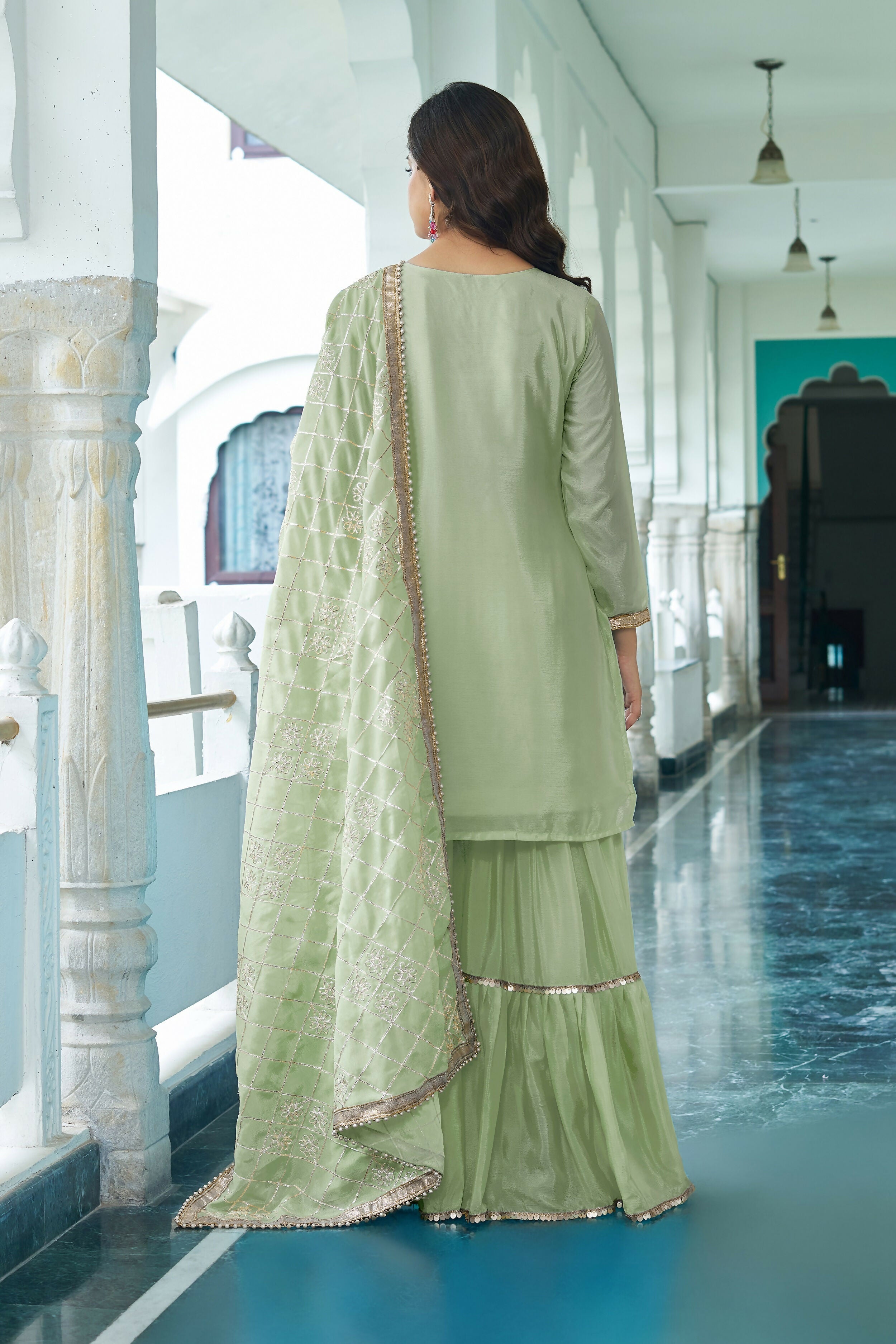 Pista Chinon Silk Kurta Set with Embroidery and Sequence Work