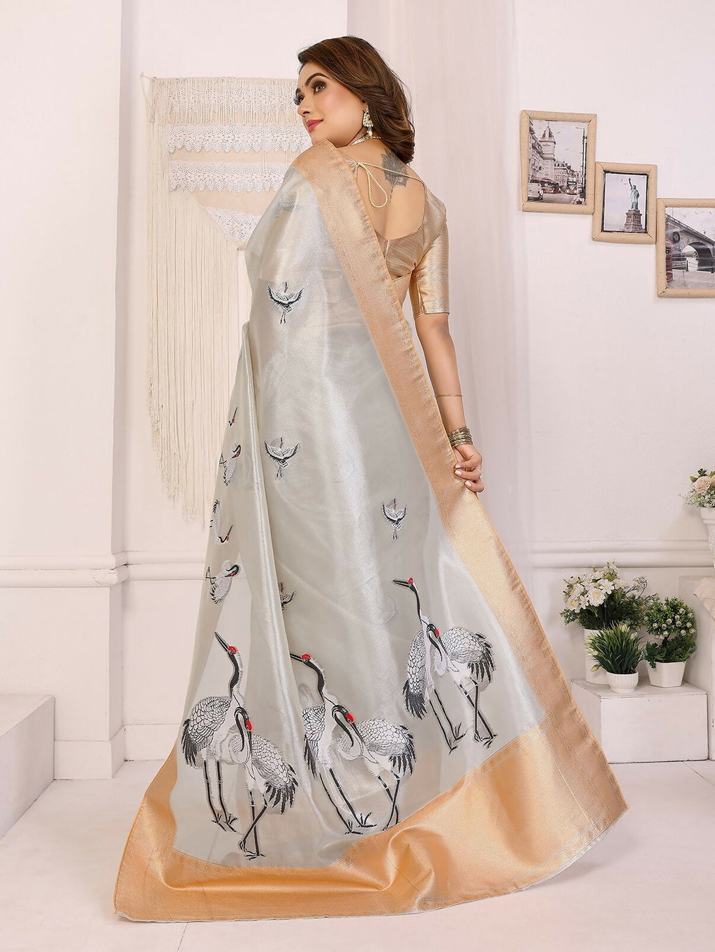 Golden Crane Pattern Banarasi Silk Saree with Unstitched Blouse