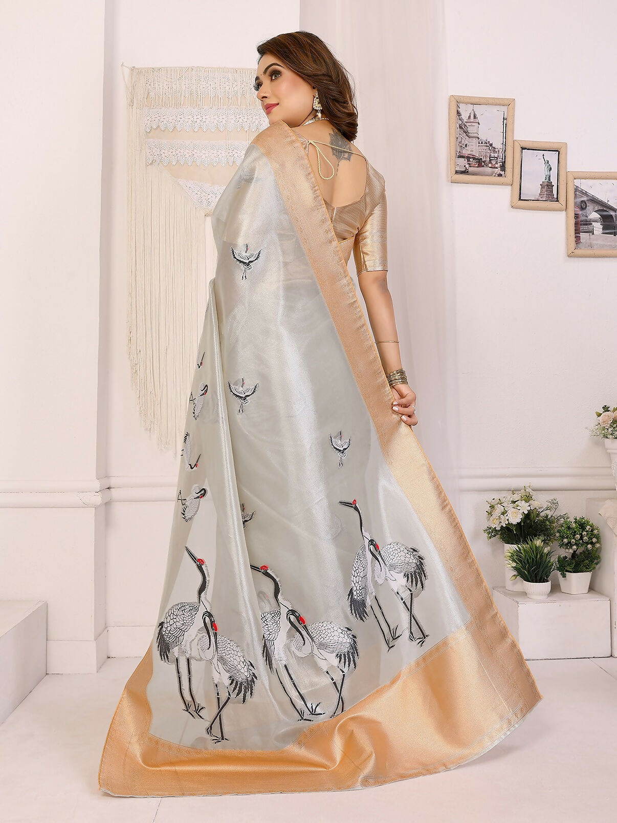 Golden Crane Pattern Banarasi Silk Saree with Unstitched Blouse