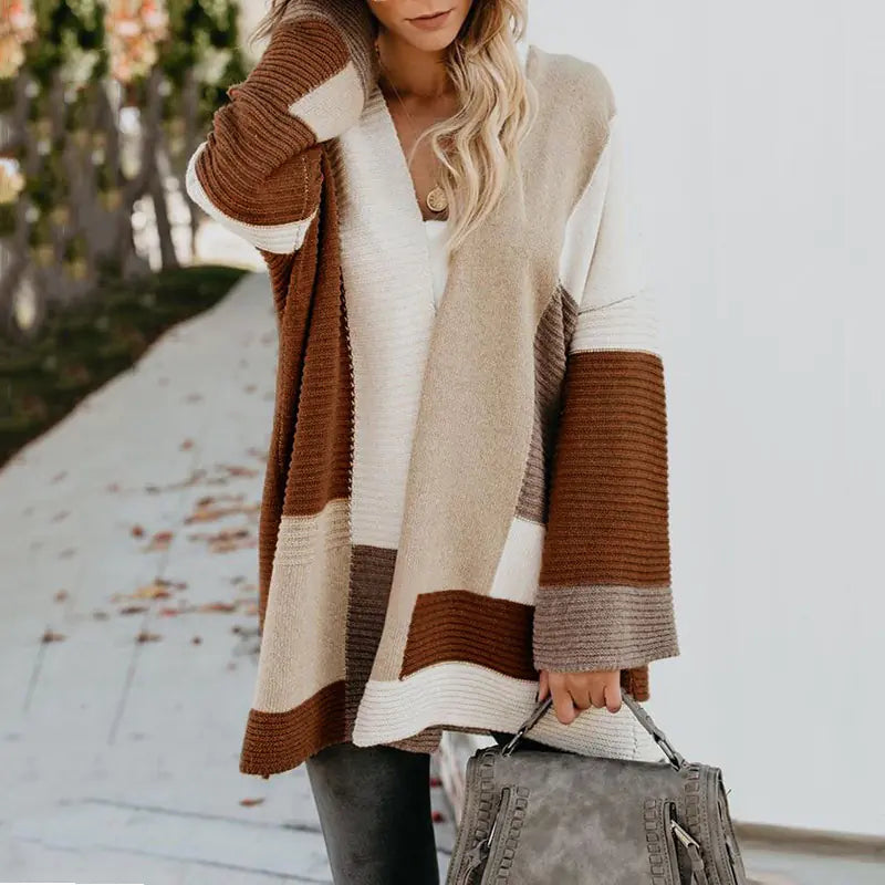 Women's Geometric Color Block Cardigan Long Sleeve Knit Sweater - Image 12