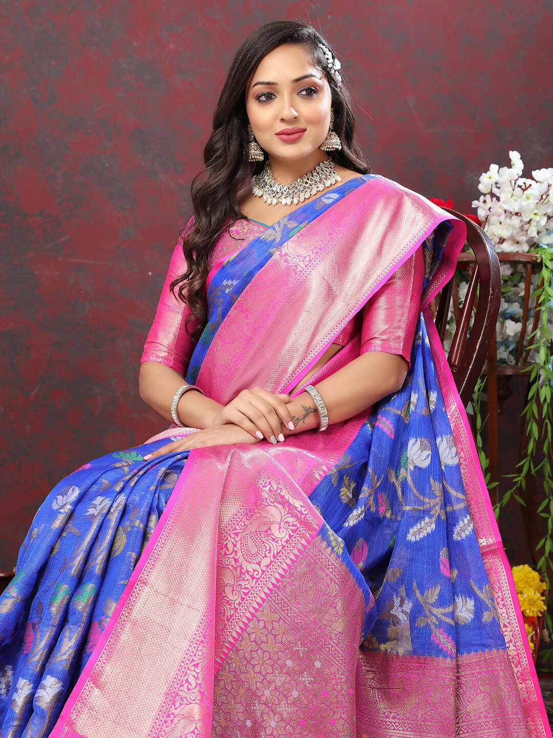 Blue Cotton Woven Design Saree with Zari Meenakari Weaving