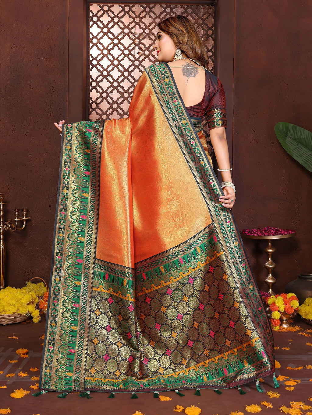 Orange Tissue Silk Weaving Saree with Contrast Red Blouse Piece